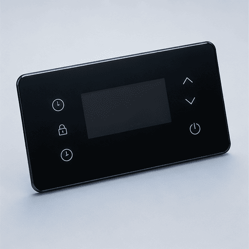 Finished dead-front appliance control panel with a display window and illuminated icons
