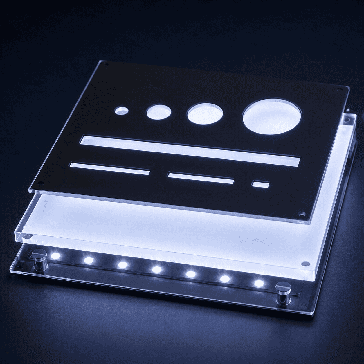 Exploded backlight stack: masked front panel with icon cut-outs, diffuser and edge-lit LED bar