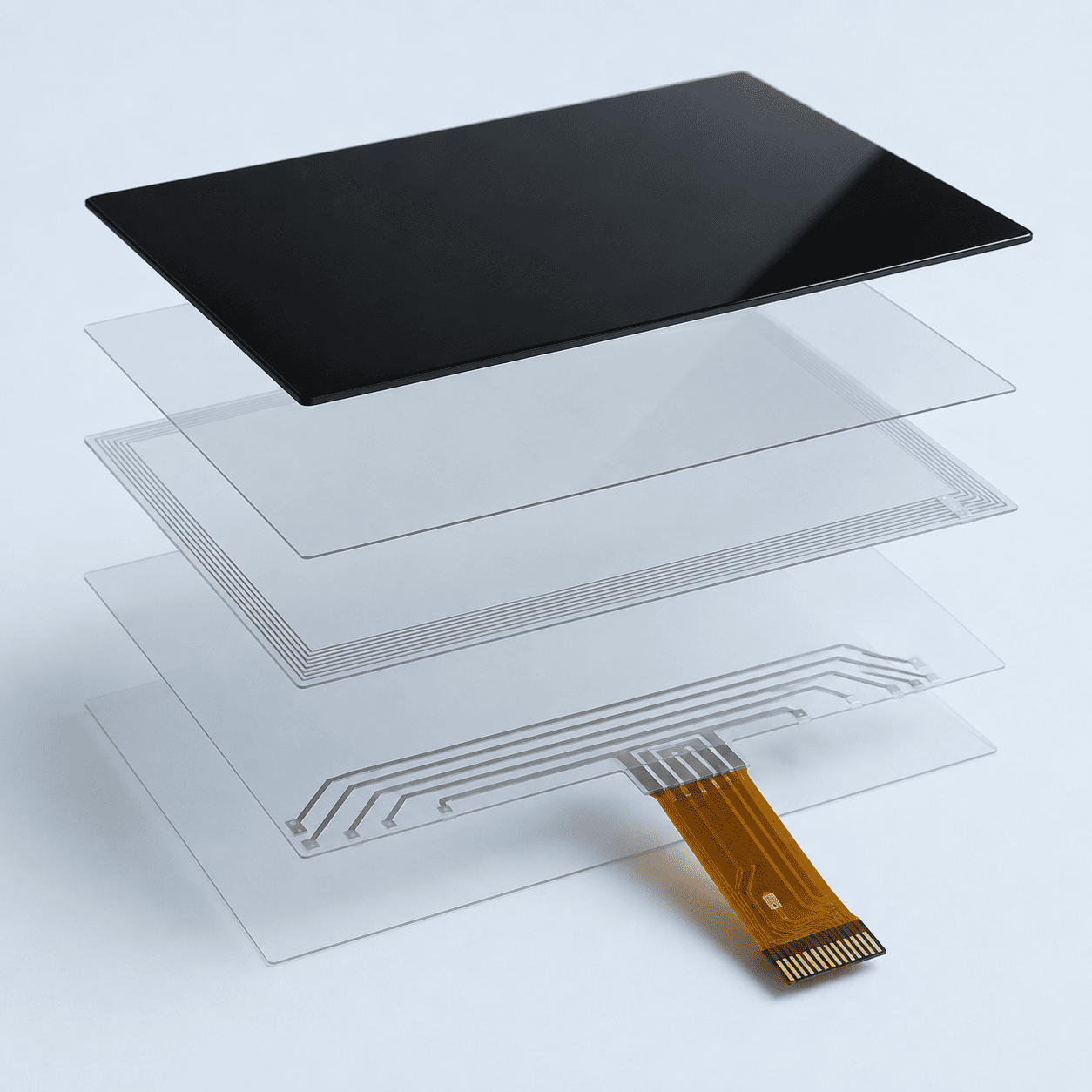Exploded five-layer construction of a touch panel showing printed front, sensor traces and FPC tail