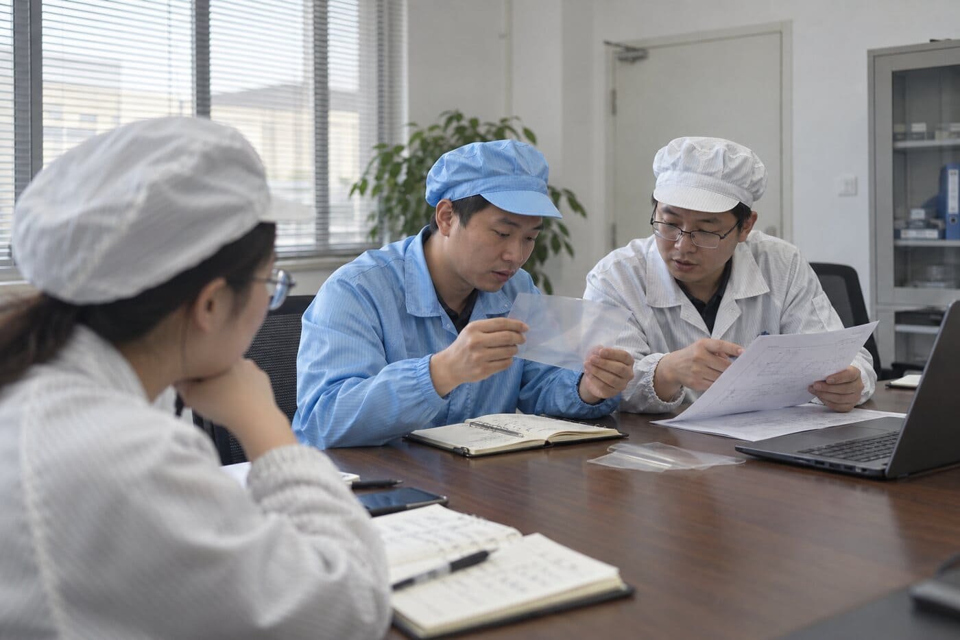 Engineers in cleanroom gowns reviewing a panel drawing and a film sample across a meeting table