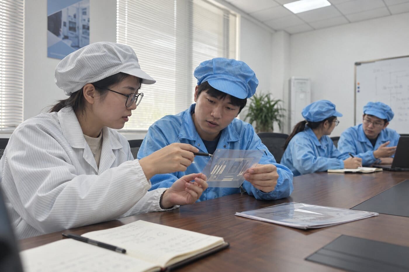 Two engineers examining a transparent capacitive sensor film against the artwork